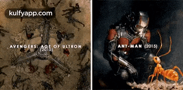 a picture of a man holding a gun next to an ant from the movie ant-man
