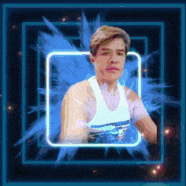 a man in a white tank top is surrounded by blue lines
