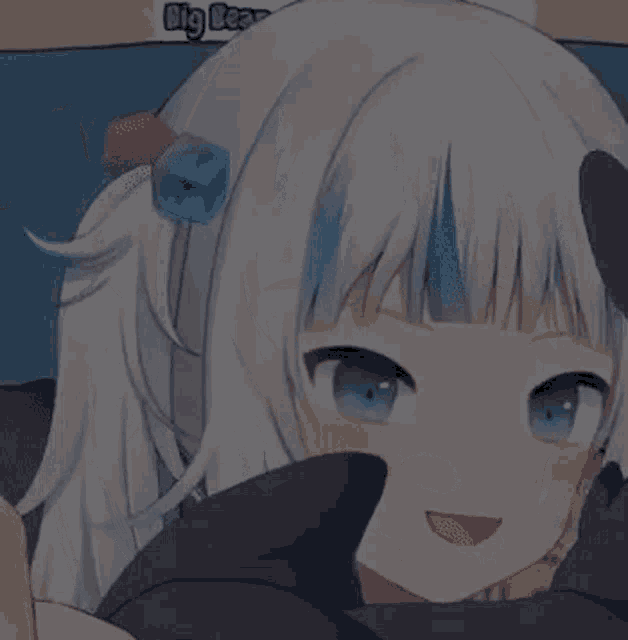 a girl with white hair and blue eyes is laying on a bed .