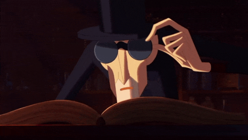 a cartoon character is reading a book with a magnifying glass on his head