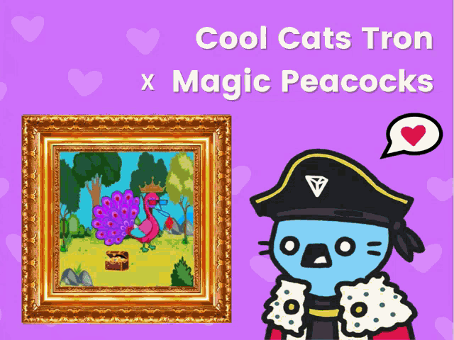 an advertisement for cool cats tron x magic peacocks with a picture of a peacock in a gold frame