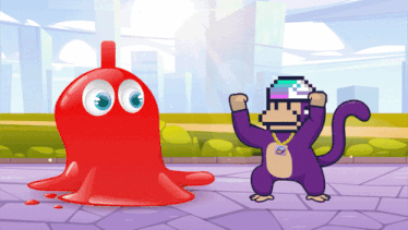 a cartoon of a monkey and a red blob