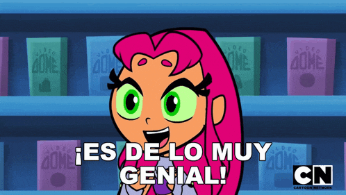 a cartoon character says " es de lo muy genial " in front of a shelf of video games