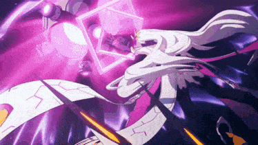 a cartoon character with long white hair is surrounded by purple and pink lights