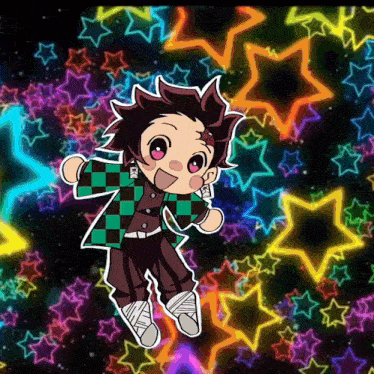 a cartoon character with a checkered jacket is surrounded by colorful stars
