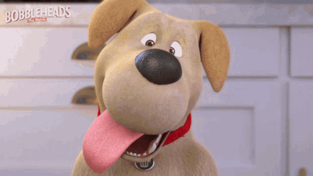a cartoon dog with its tongue hanging out and the words bobbleheads on the bottom