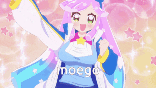 a girl with pink hair and the word moego written on the bottom