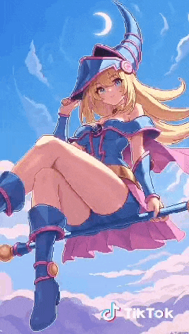 a girl in a witch costume is sitting on a broom with a crescent moon in the background ..