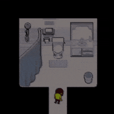 a pixel art of a bathroom with a toilet , sink , shower and a person standing in the doorway .
