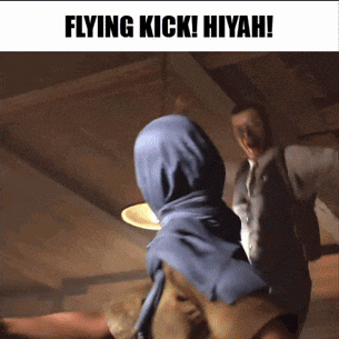 a woman in a hijab kicks a man in a suit with the caption flying kick hiyah