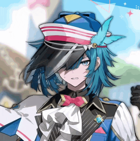 a blue haired anime character wearing a hat and a bow tie