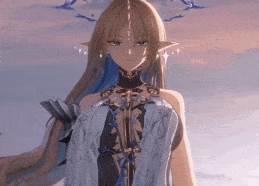 a girl with long hair and horns looks at the camera