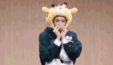 a person wearing a giraffe hat and a green hoodie .
