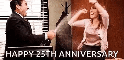 a man and a woman are celebrating their 25th anniversary in a office .