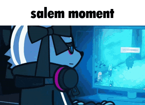 a cartoon character is sitting in front of a computer screen with the words salem moment on the bottom
