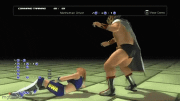 a video game screen shows a man and a woman fighting and the man is wearing a manhattan driver outfit