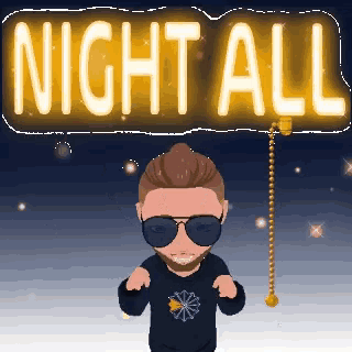 a man wearing sunglasses stands under a night all sign