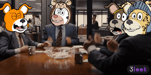 a group of men are sitting around a table with cartoon animals on their faces and the words 3look on the bottom