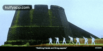 a group of people standing in front of a large building with the words " disliking friends and skiing puppies "