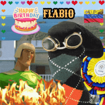a birthday card for flabio with a cake and a cartoon character