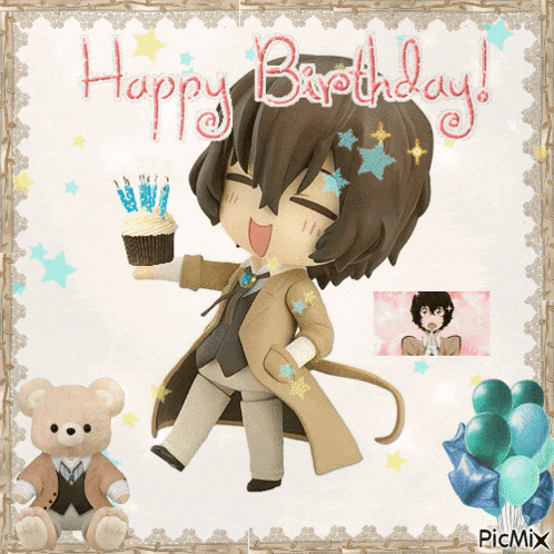 a happy birthday card with a figurine holding a cupcake with candles