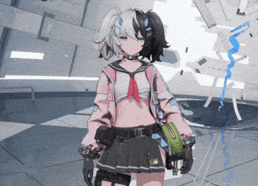 a girl with black and white hair is holding a green purse