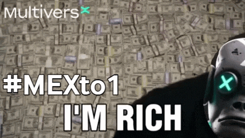 a robot with green eyes is standing in front of a pile of money and says " mexto 1 i 'm rich "