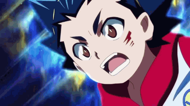 a close up of a cartoon character with his mouth open and a red shirt .
