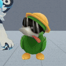 a green duck wearing a yellow hat and sunglasses is standing next to a white penguin .