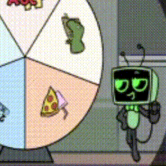 a cartoon character is standing in front of a spinning wheel with various icons on it