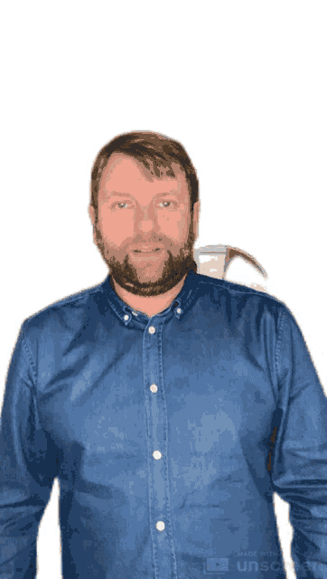 a man in a blue shirt with a hammer on his shoulder is made with unscreen