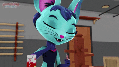 a cartoon cat holding a box that says power