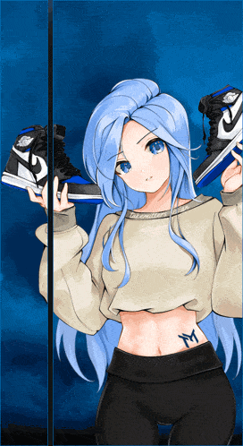 a girl with blue hair is holding two nike shoes