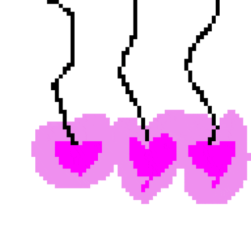 a pixel art drawing of three pink hearts hanging from strings