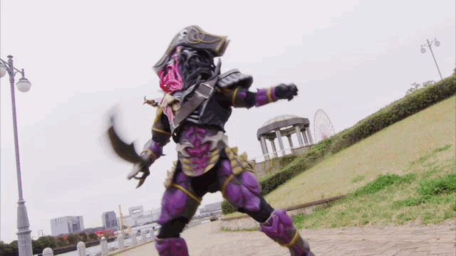 a purple and black monster with a pirate hat is standing on a sidewalk