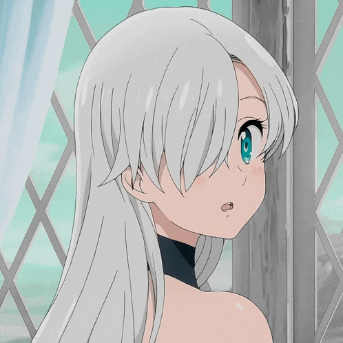 a girl with long white hair and blue eyes is looking out a window