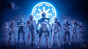 a group of star wars clone trooper action figures standing next to each other in front of a star wars logo .