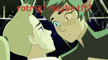 a couple of cartoon characters looking at each other with the words rotmg maybe tft written above them