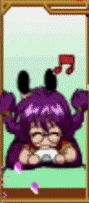 a cartoon character with purple hair and glasses is laying down on a bed .
