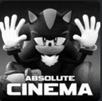 shadow the hedgehog is sitting in a chair with his hands up and the words absolute cinema below him .