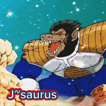 a cartoon of a gorilla with the name jsaurus on the bottom right