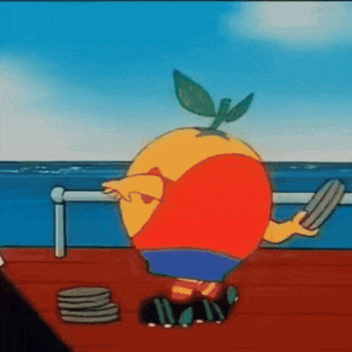 a cartoon character with a leaf on his head is standing on a deck