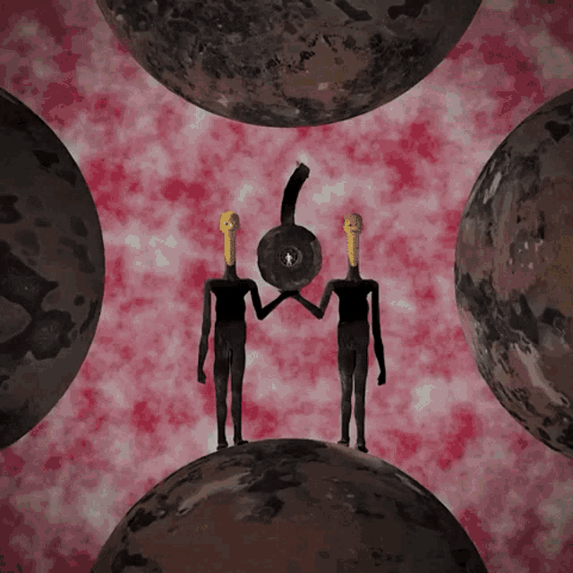 a cartoon drawing of two aliens holding hands with a red background