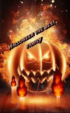 a halloween greeting card with a pumpkin and candles and the words halloween the best family