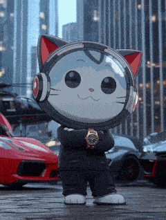 a cat wearing headphones and a watch is standing in front of a row of cars