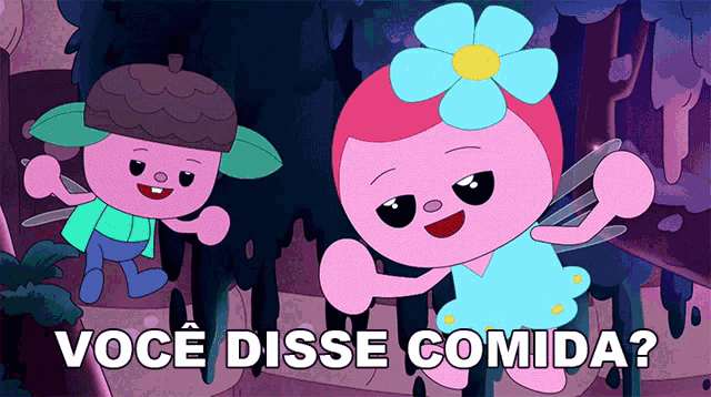 a cartoon character with a flower on her head and the words você disse comida below it