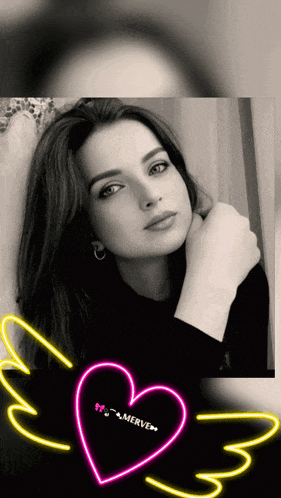 a black and white photo of a woman with a neon heart and the name merve on it