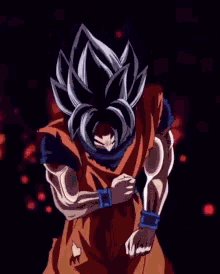 a cartoon character from dragon ball z is standing in a dark room with a purple background .