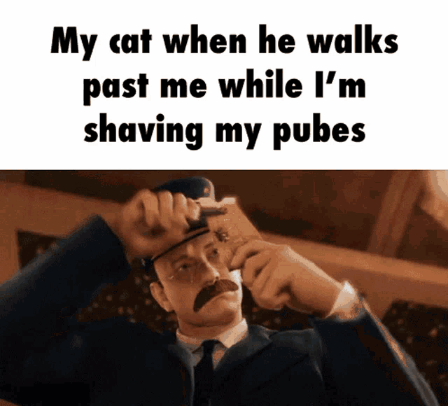 a man with a mustache is shaving his pubes while a cat walks past him