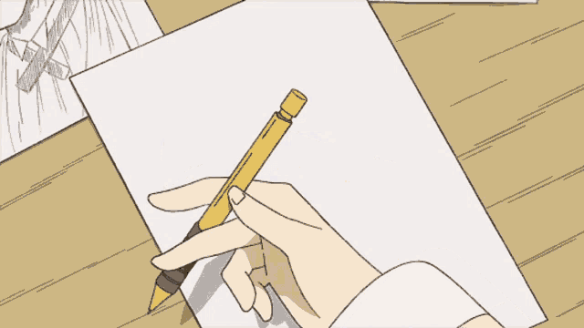a cartoon drawing of a hand holding a pen on a piece of paper